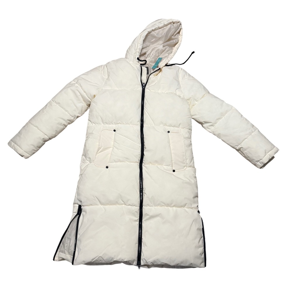 Maurices Cream Maxi Puffer Coat Hooded Full Zip Side Slits Size XS